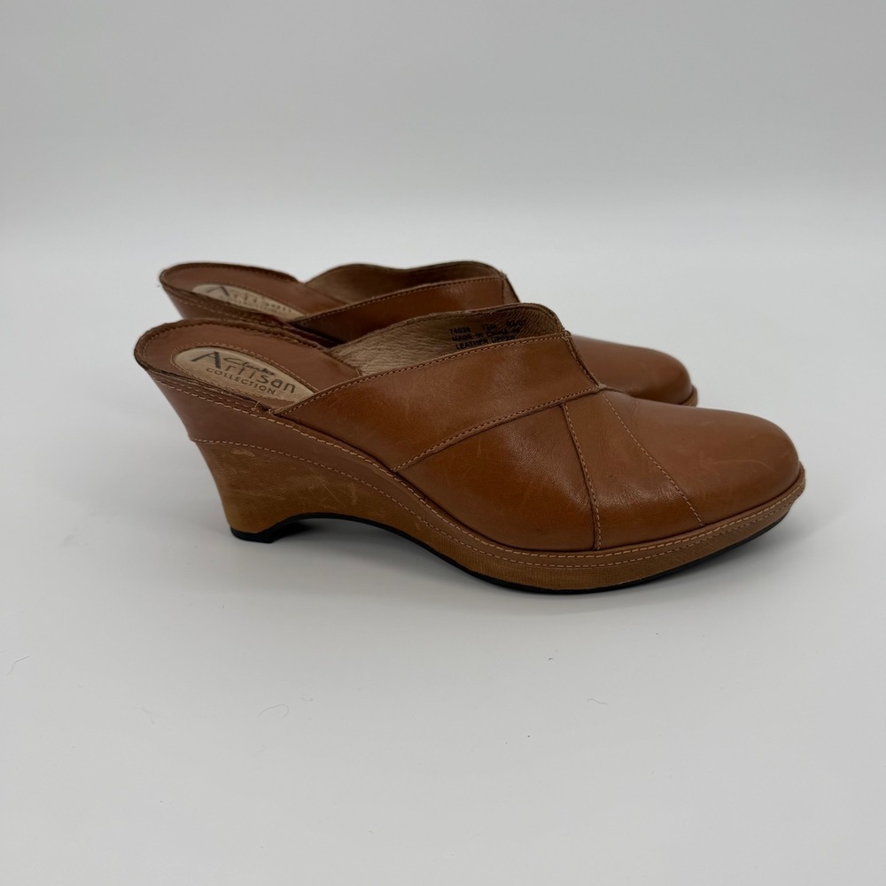 Hippie Clarks Artisan Tan Brown Leather Wedge Mules Round Toe Slip On Shoes 7.5M